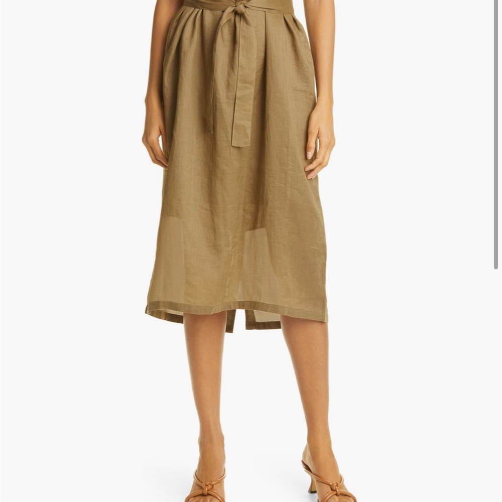 FRAME Olive/Tan Ruffle Trap Button Back Midi Dress